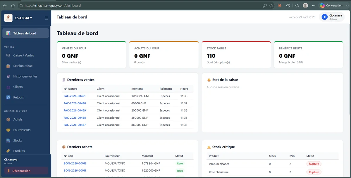Tableau de bord de l'application CS-LEGACY : ventes du jour, achats, alertes de stock et bénéfice brute en un coup d'œil